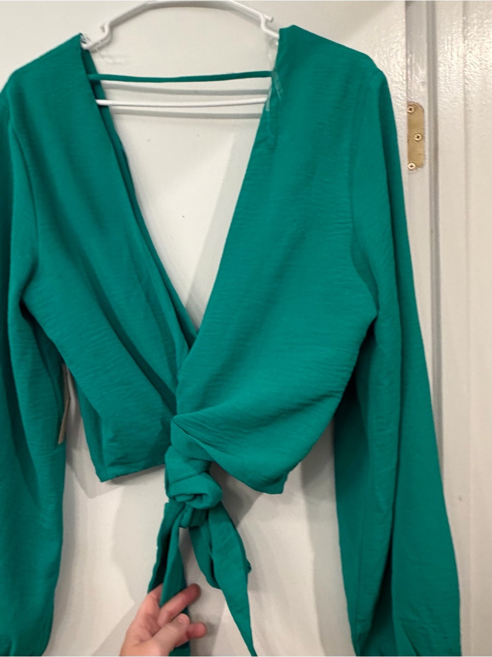 Tie-Front Long Sleeve Crop Top in Teal